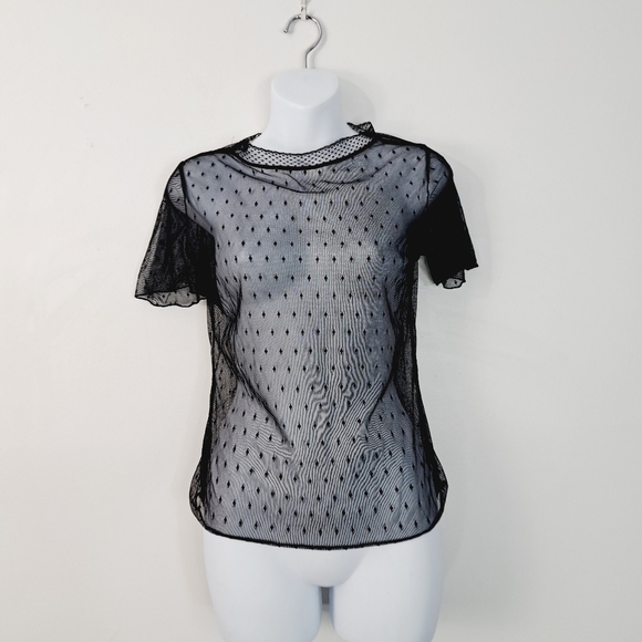 Unbranded Black Sheer Short Sleeve Swiss Dot Diamond Top‎ - Picture 1 of 6